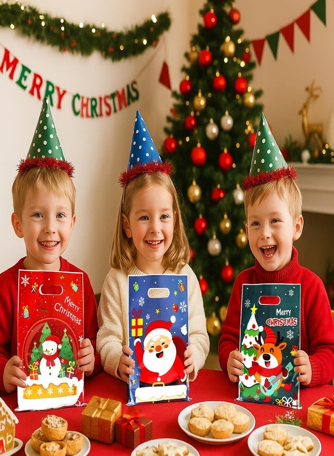 QIFU 50 Pcs Christmas Gift Bags with Handles - 4 Styles Merry Christmas Trees Santa Claus Snowman Elk Plastic Bulk Treat Tote Cookie Goody Candy Snack Bags for Winter Xmas Holiday Party Decorations Favors - Image 4